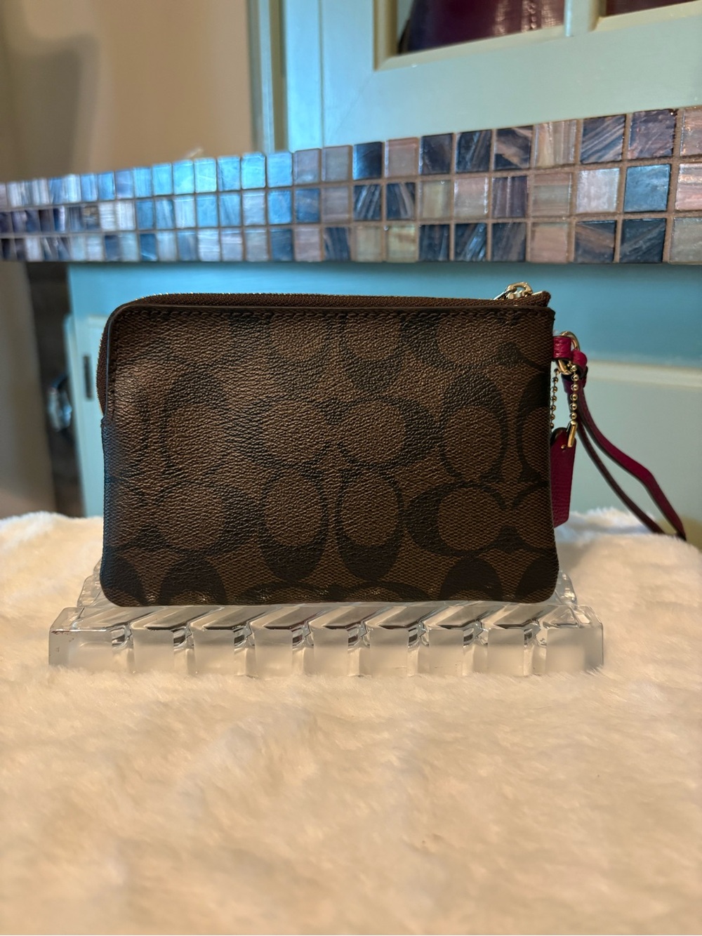 Coach Brown Signature Wristlet with Pink Center Stripe - Picture 2 of 4